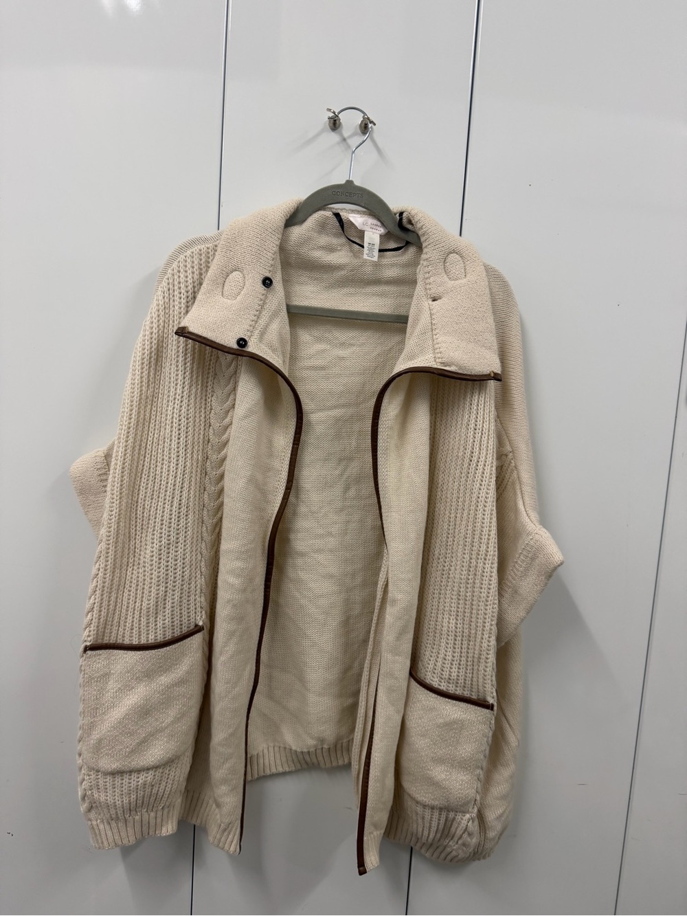 LC Lauren Conrad Cream Teddy Zip-Front Jacket with Brown Trim